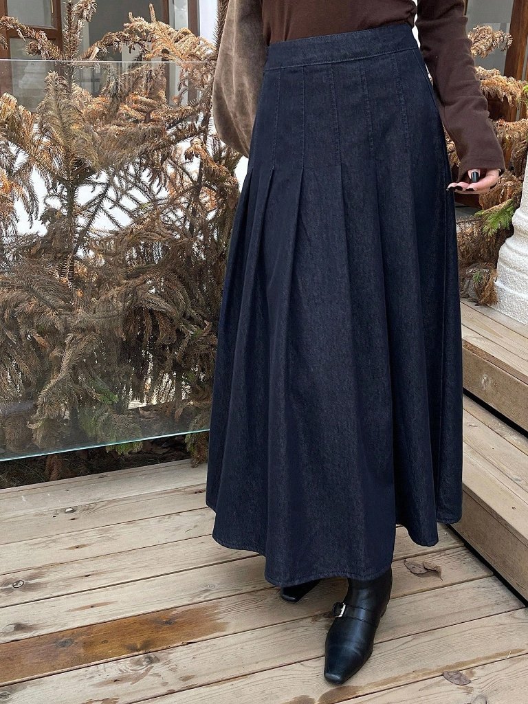 Dark Wash Casual Women's Elegant Pleated Denim Skirt
